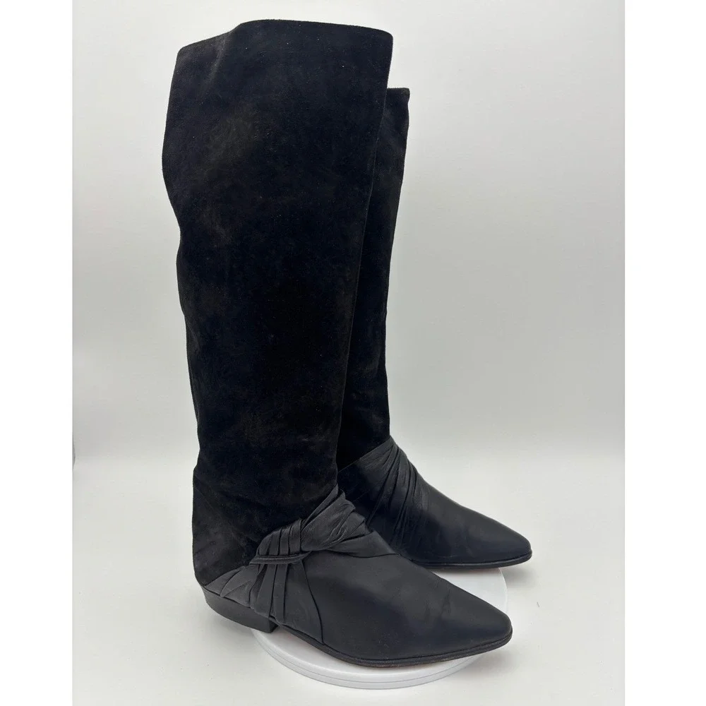 VINTAGE NICKELS Tall Riding Boot Black Leather Suede Knee High‎ Point Toe Shoe 7